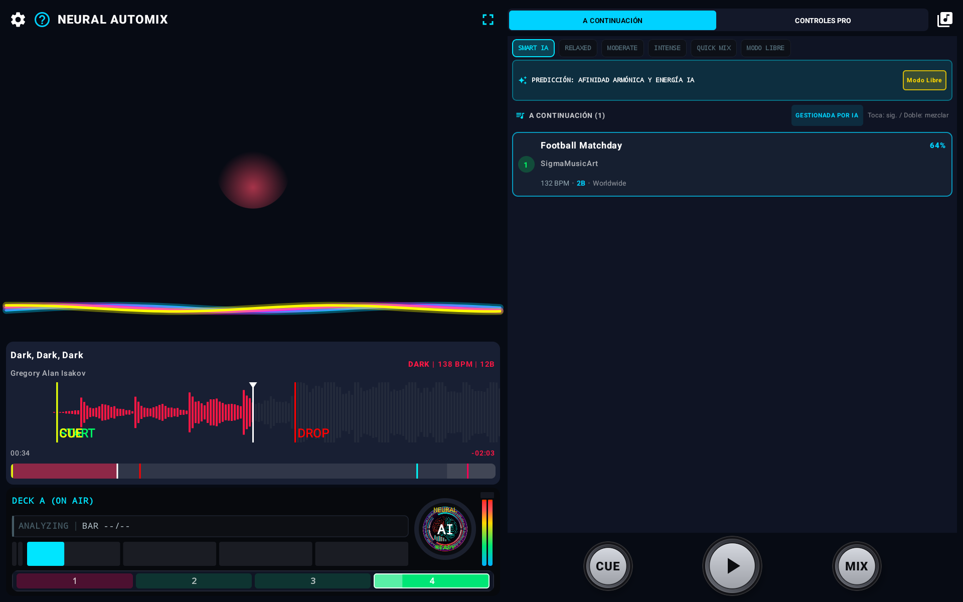 Pantalla principal de reproducción con plato en vivo y cola rápida