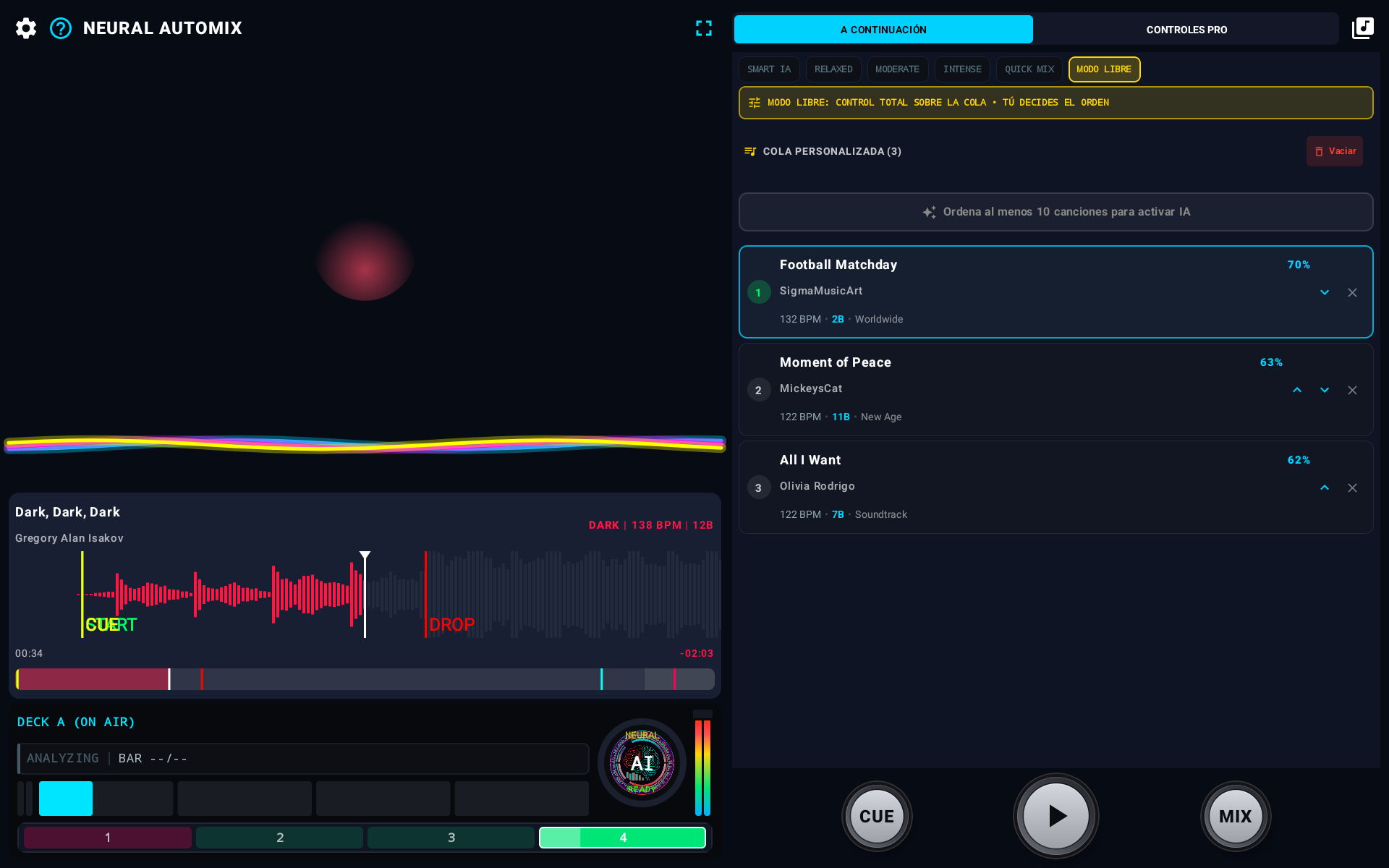 Cola personalizada en Modo Libre con botones de subir, bajar y vaciar
